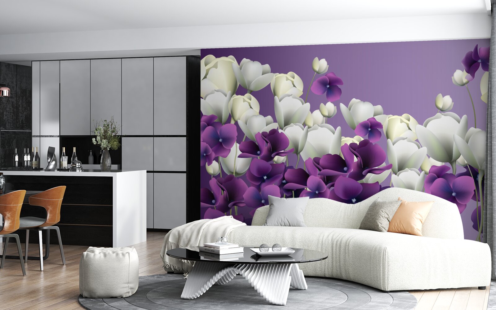 Papier peint fleurs blanches et violettes