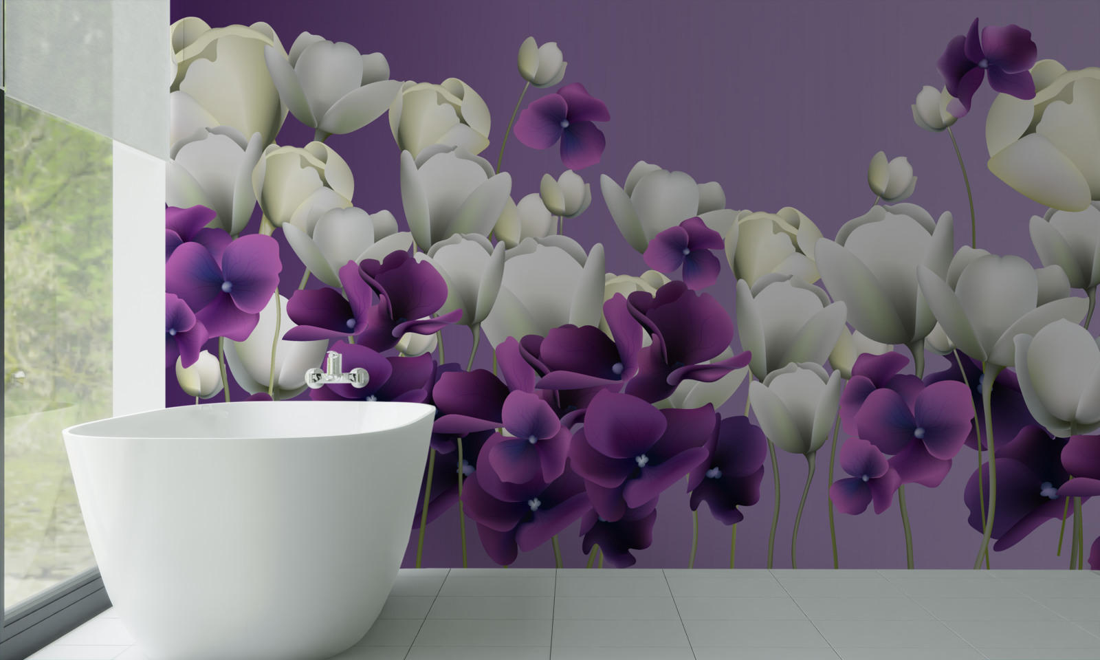 Papier peint fleurs blanches et violettes