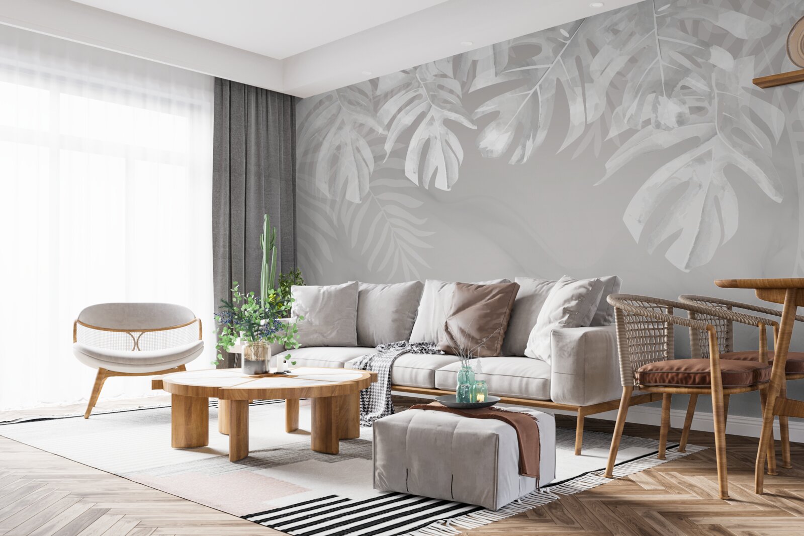 Papier peint monstera avec des feuilles pendantes blanches comme la neige