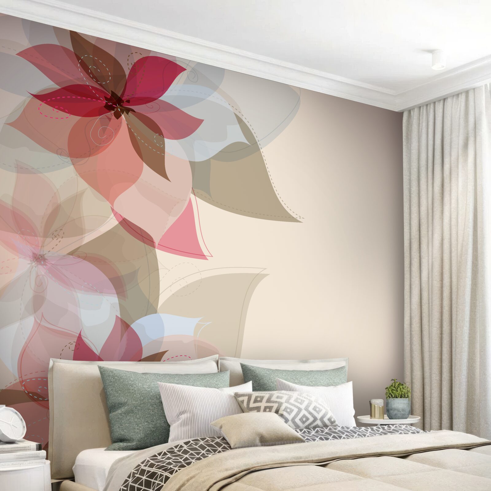 Papier peint peinture abstraite composée de fleurs et de feuilles rouges