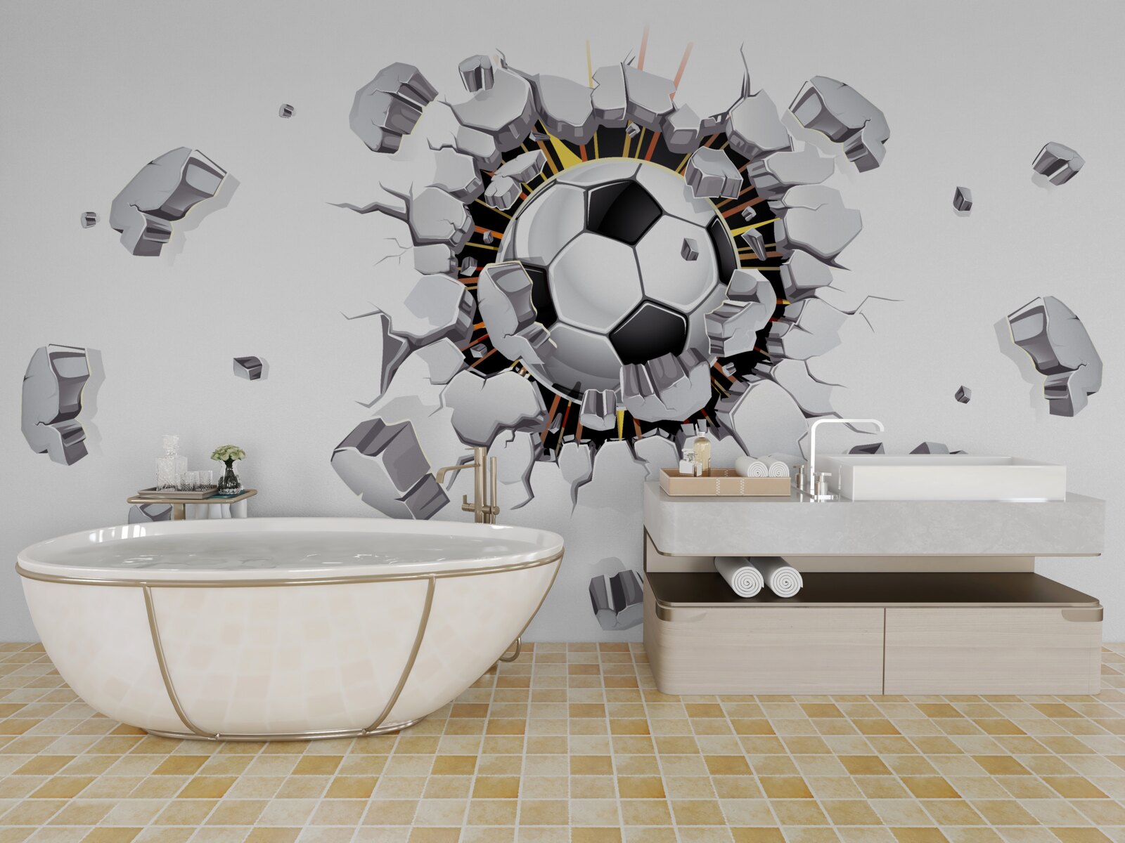 Papier peint Le mur a été percé avec un ballon de football