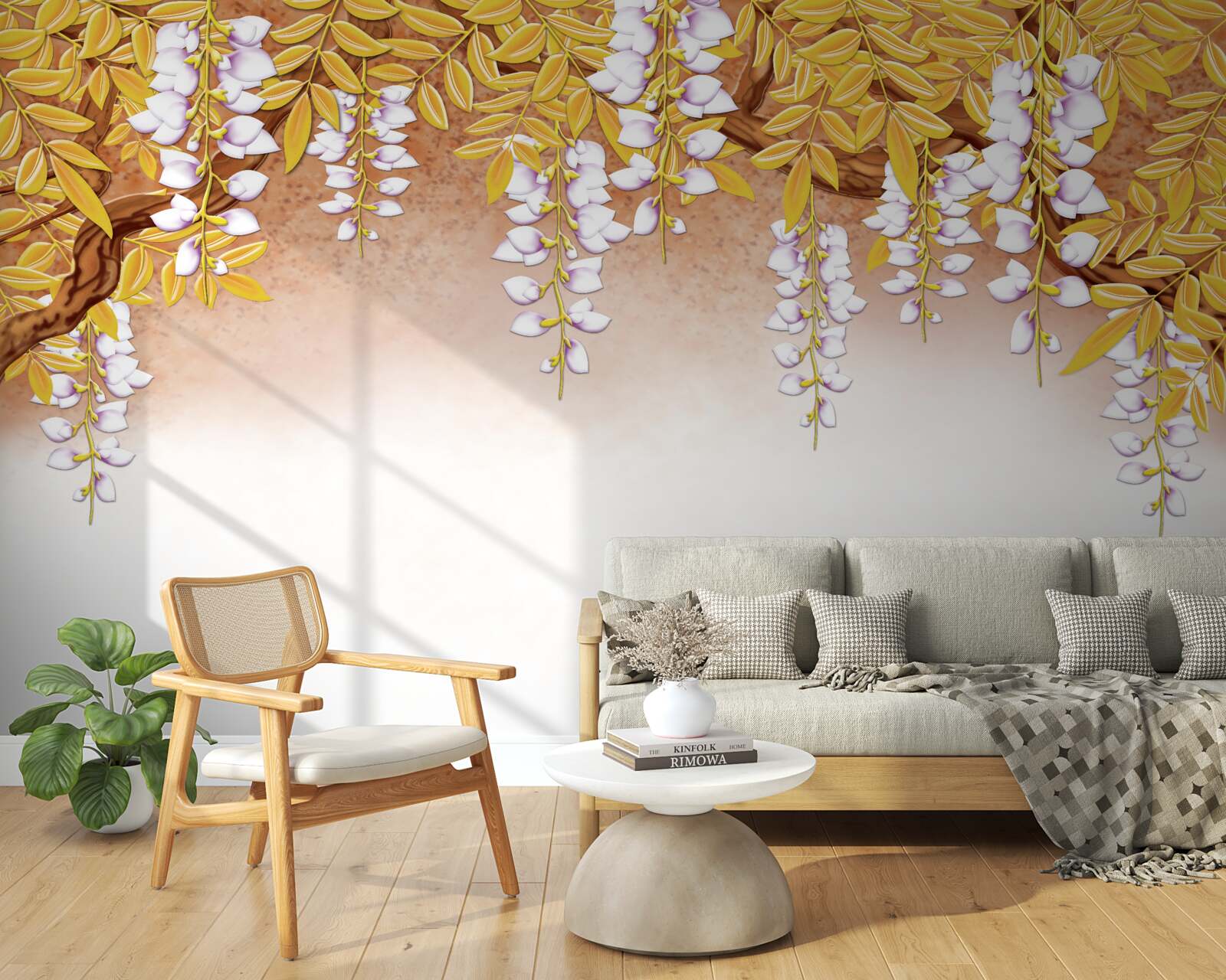 Papier peint reflet de feuilles jaunes et de fleurs blanches