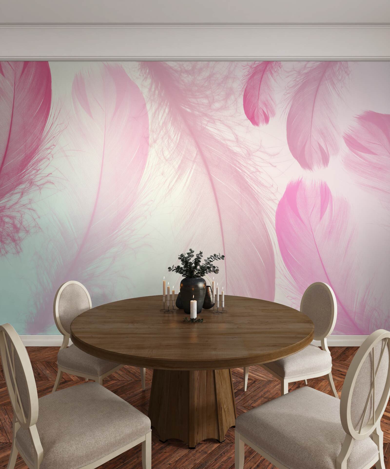 Papier peint grandes plumes avec une délicate teinte rose