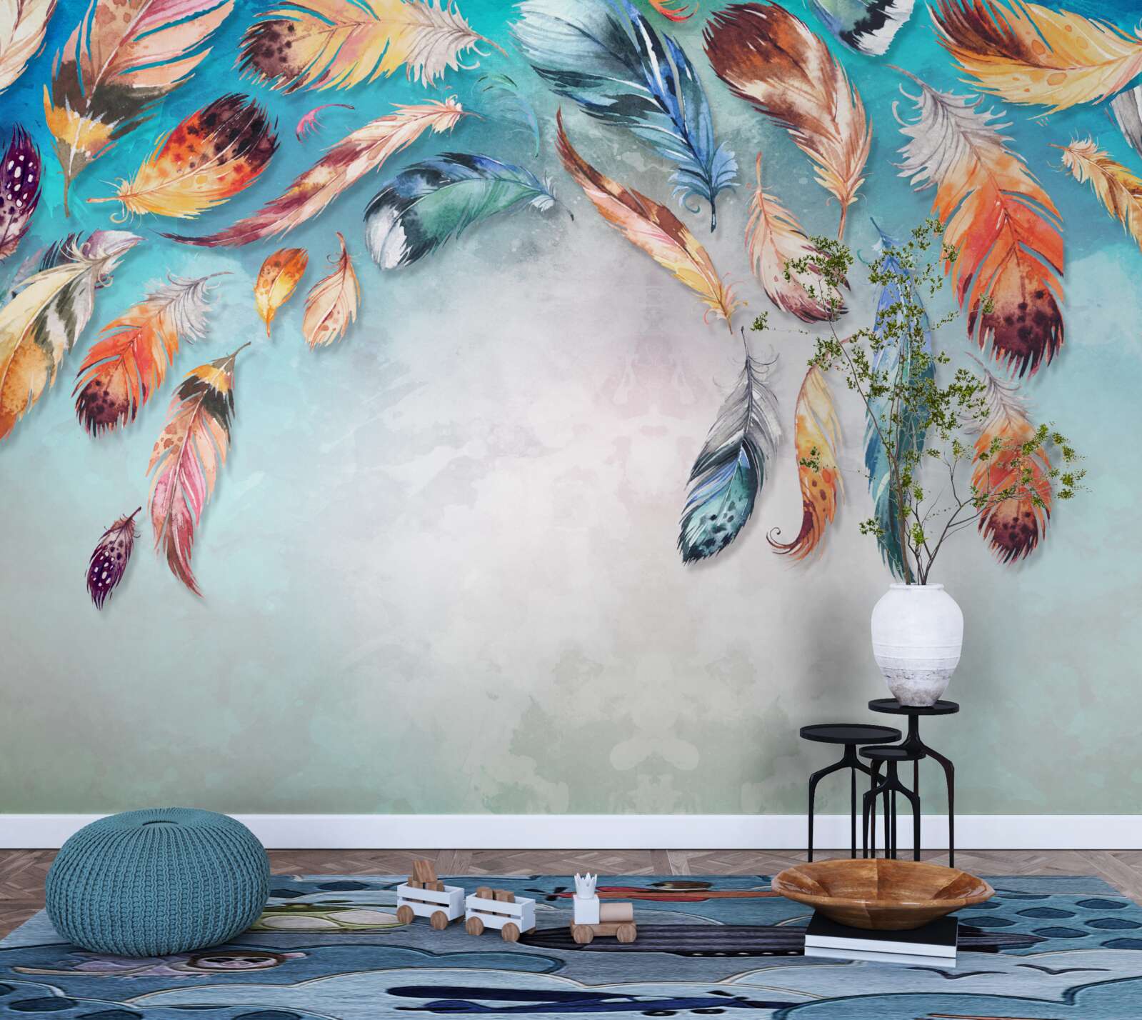 Papier peint plumes duveteuses multicolores et brillantes