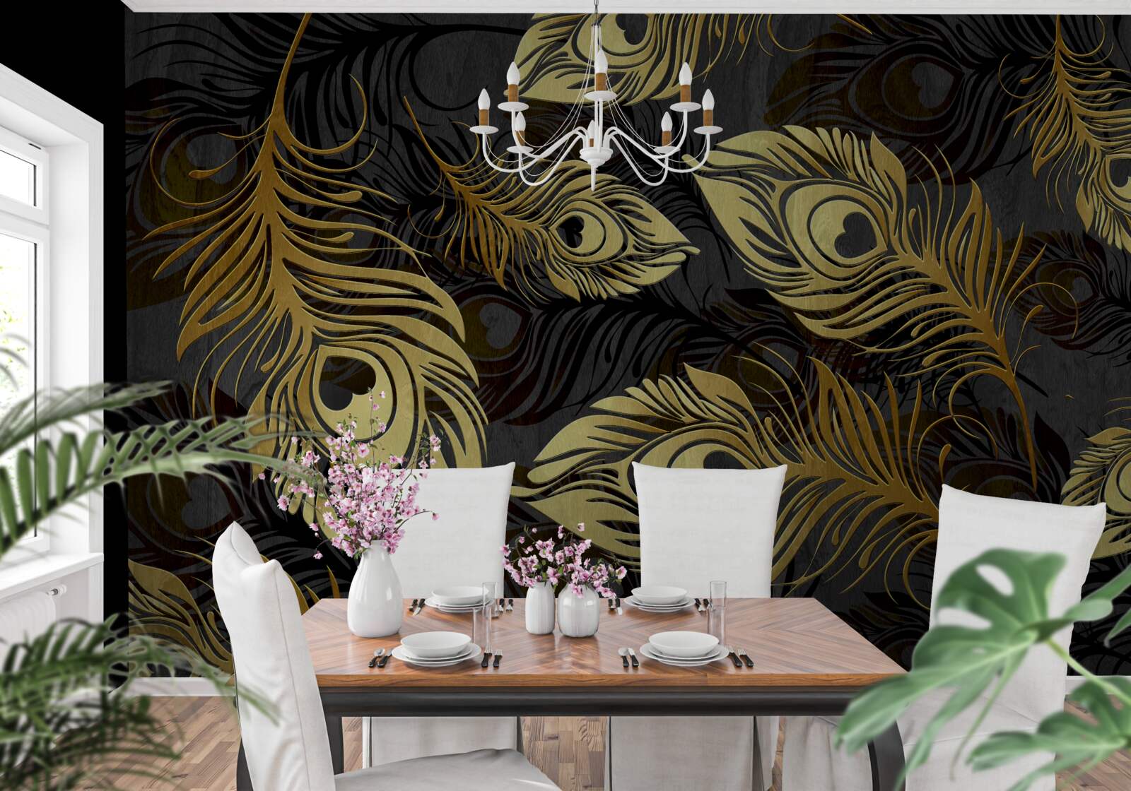 Papier peint plumes d'or brillantes