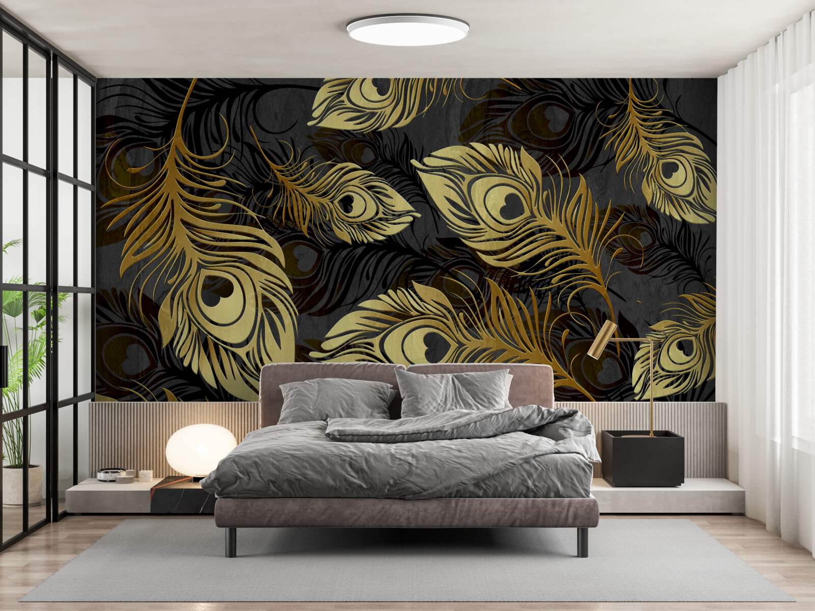 Papier peint plumes d'or brillantes