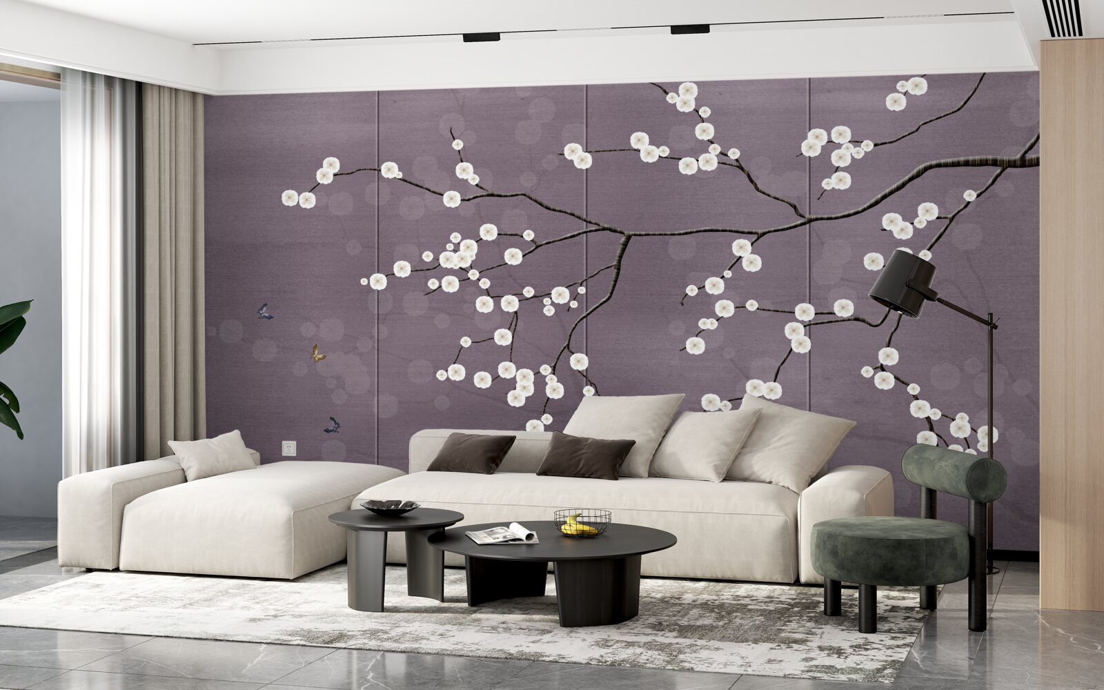 Papier peint branche parsemée de petites fleurs blanches