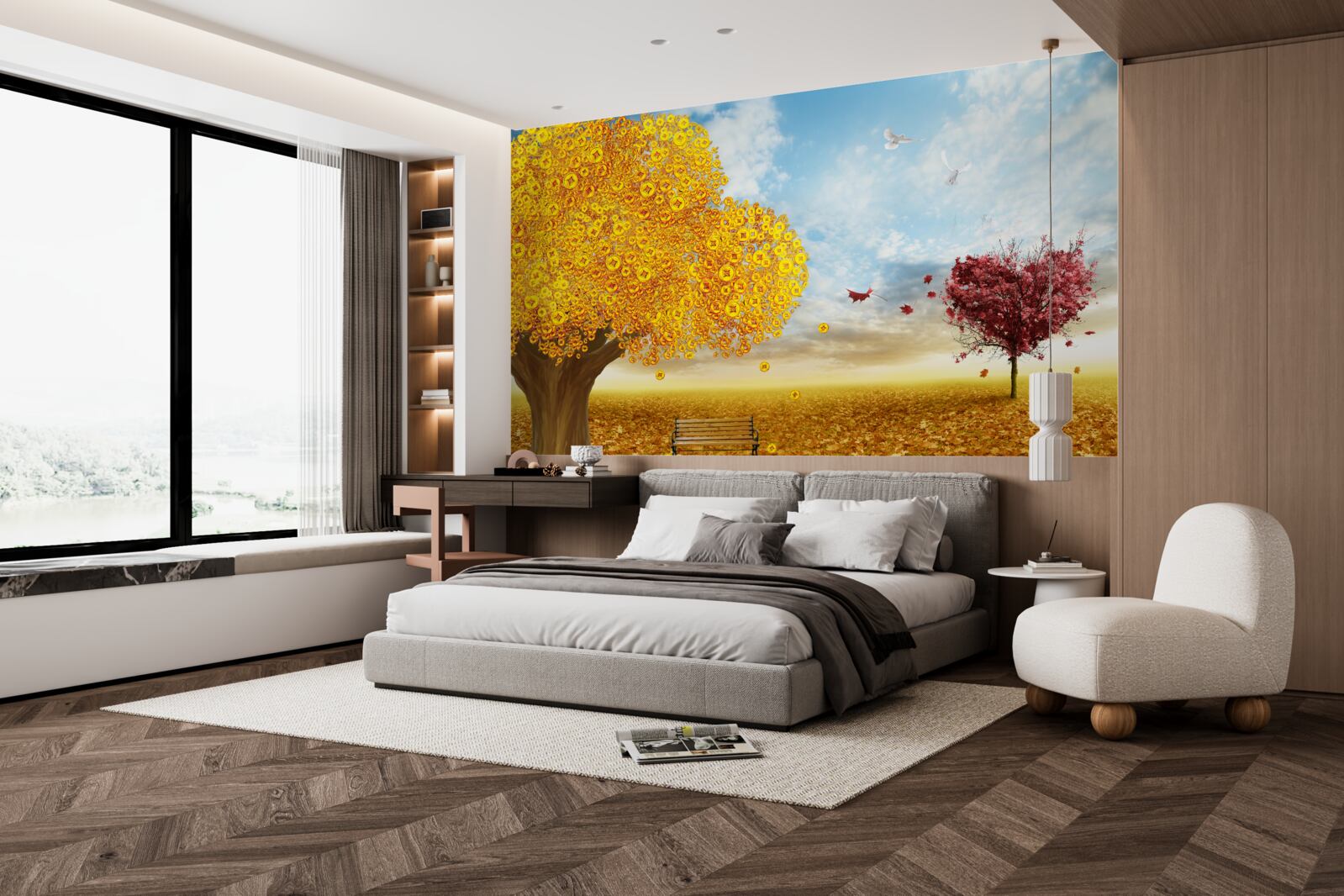 Papier peint nuances vibrantes des feuilles d'automne sur fond de ciel bleu