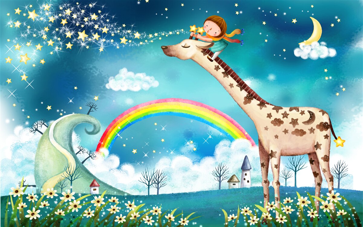 Papier peint enfant sur une girafe sur fond d'arc-en-ciel