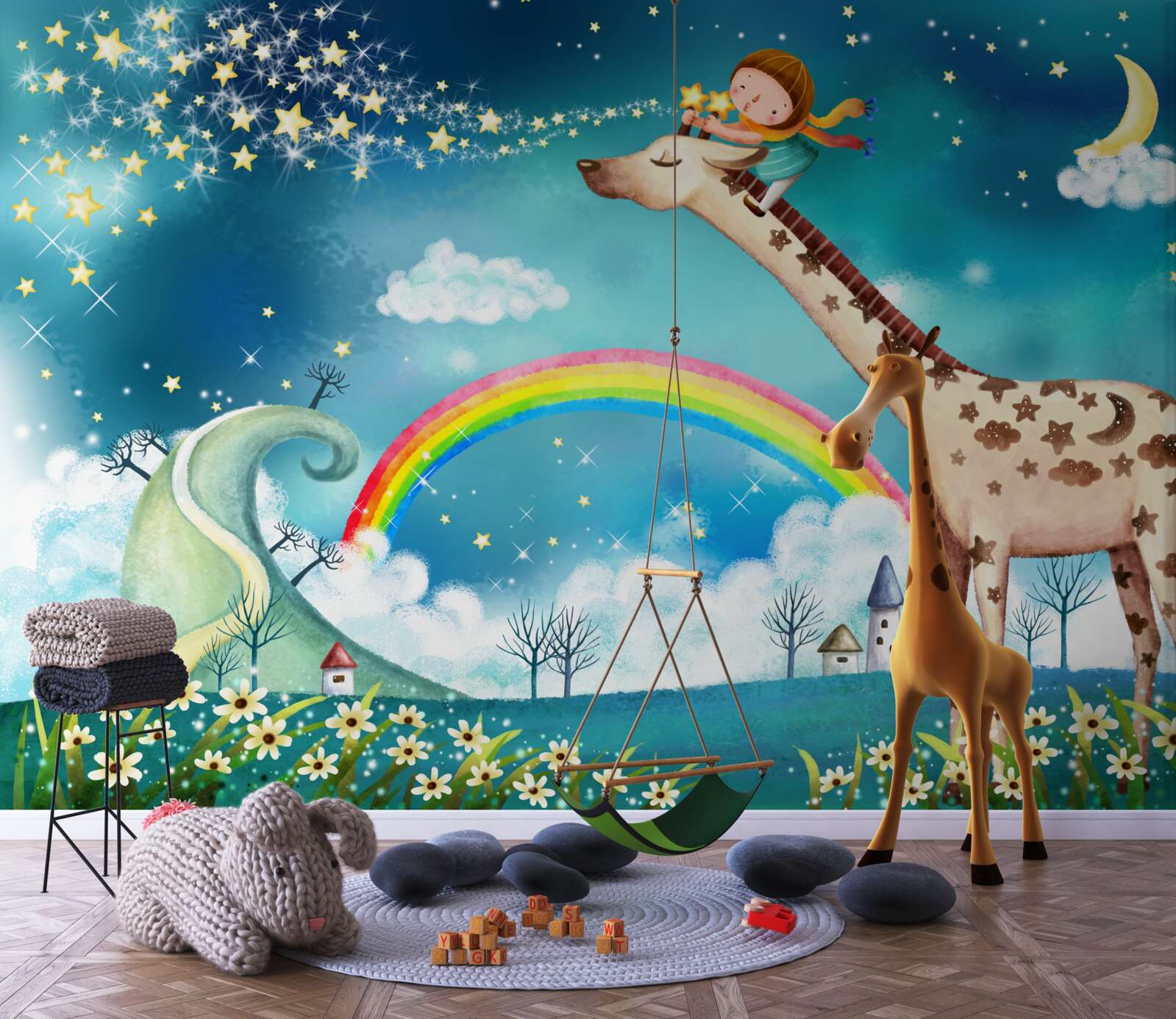Papier peint enfant sur une girafe sur fond d'arc-en-ciel
