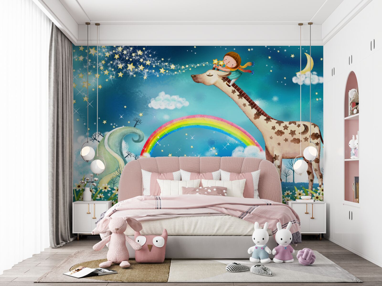 Papier peint enfant sur une girafe sur fond d'arc-en-ciel