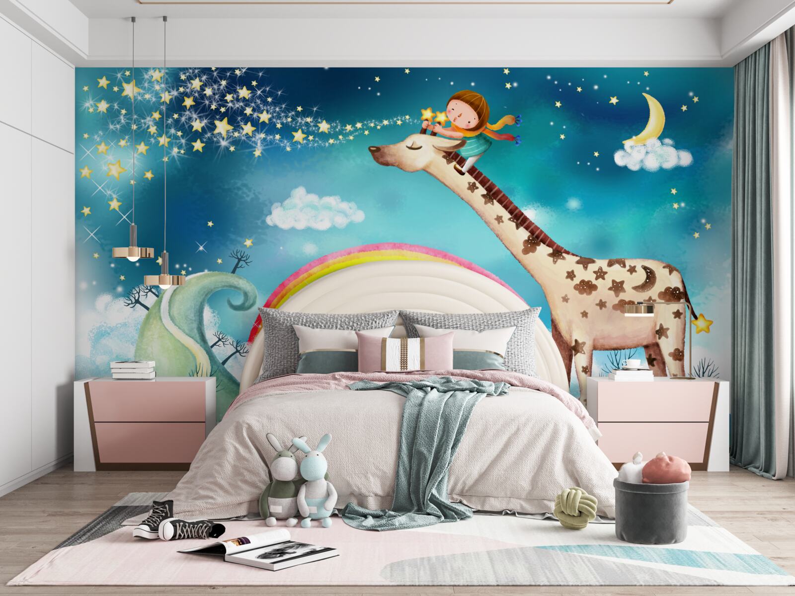 Papier peint enfant sur une girafe sur fond d'arc-en-ciel