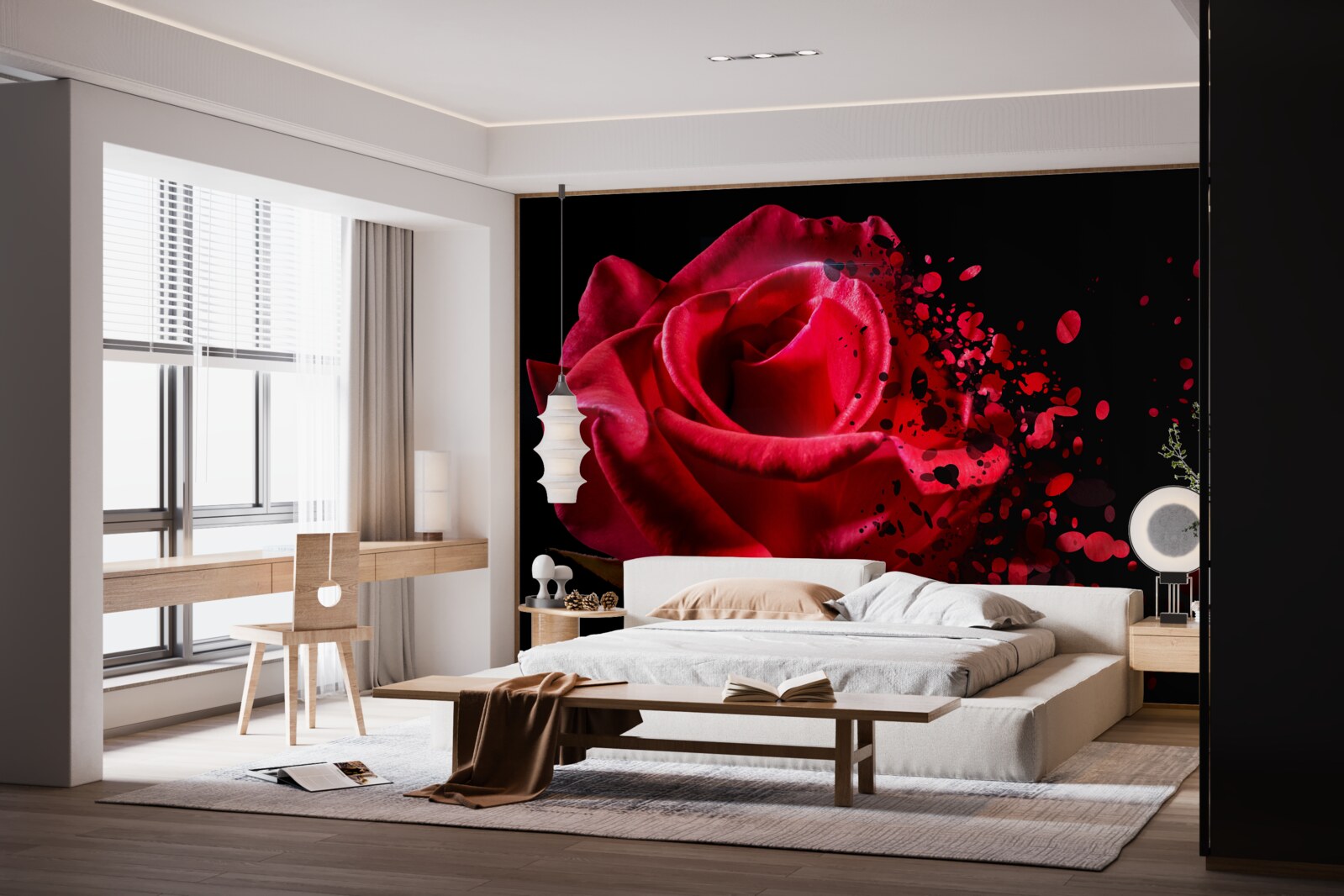 Papier peint fleurs de roses rouges sur fond noir