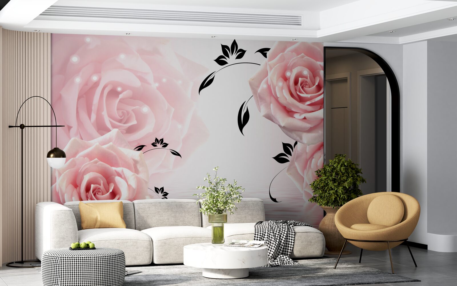 Papier peint grandes roses dans une nuance rose délicate