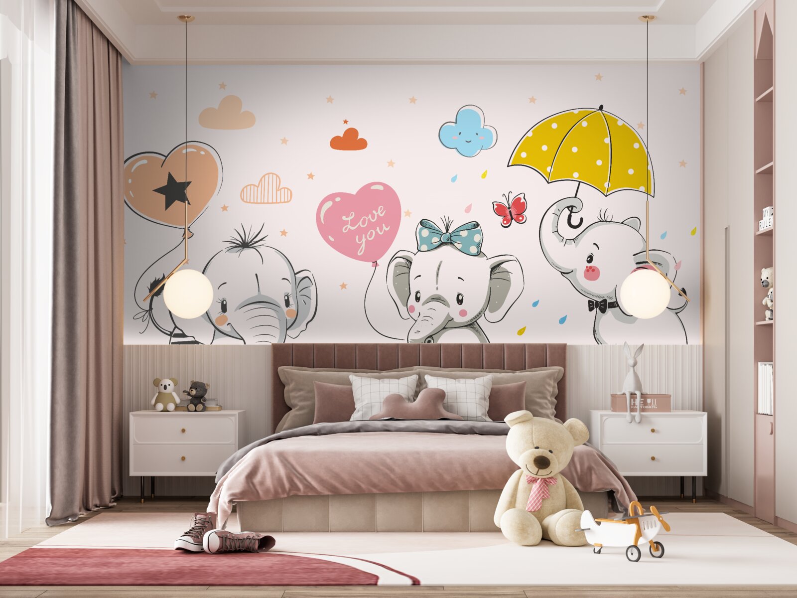 Papier peint Eléphants mignons avec des ballons