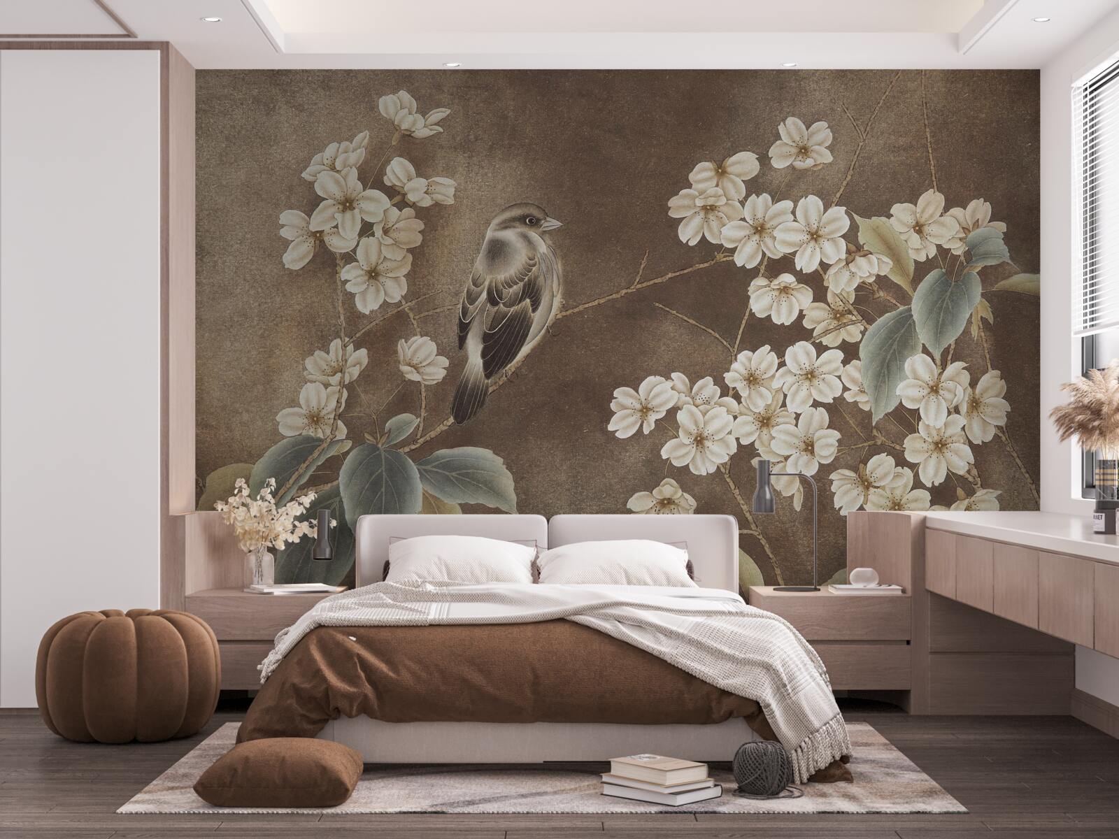 Papier peint moineau sur une branche avec des fleurs blanches