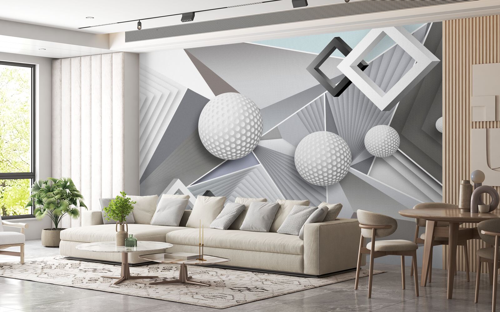Papier peint représentation géométrique abstraite d'un cube et d'une boule