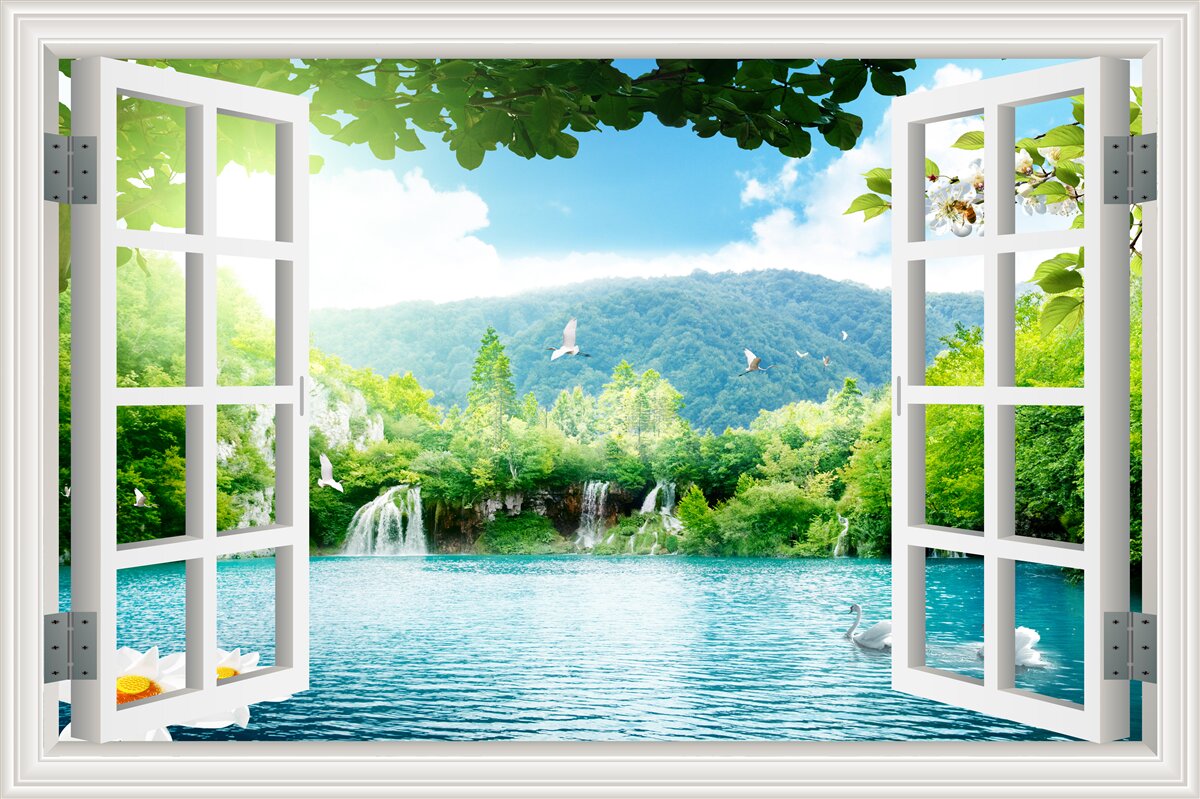 Papier peint vue de la fenêtre sur un lac magnifique et des chutes d'eau