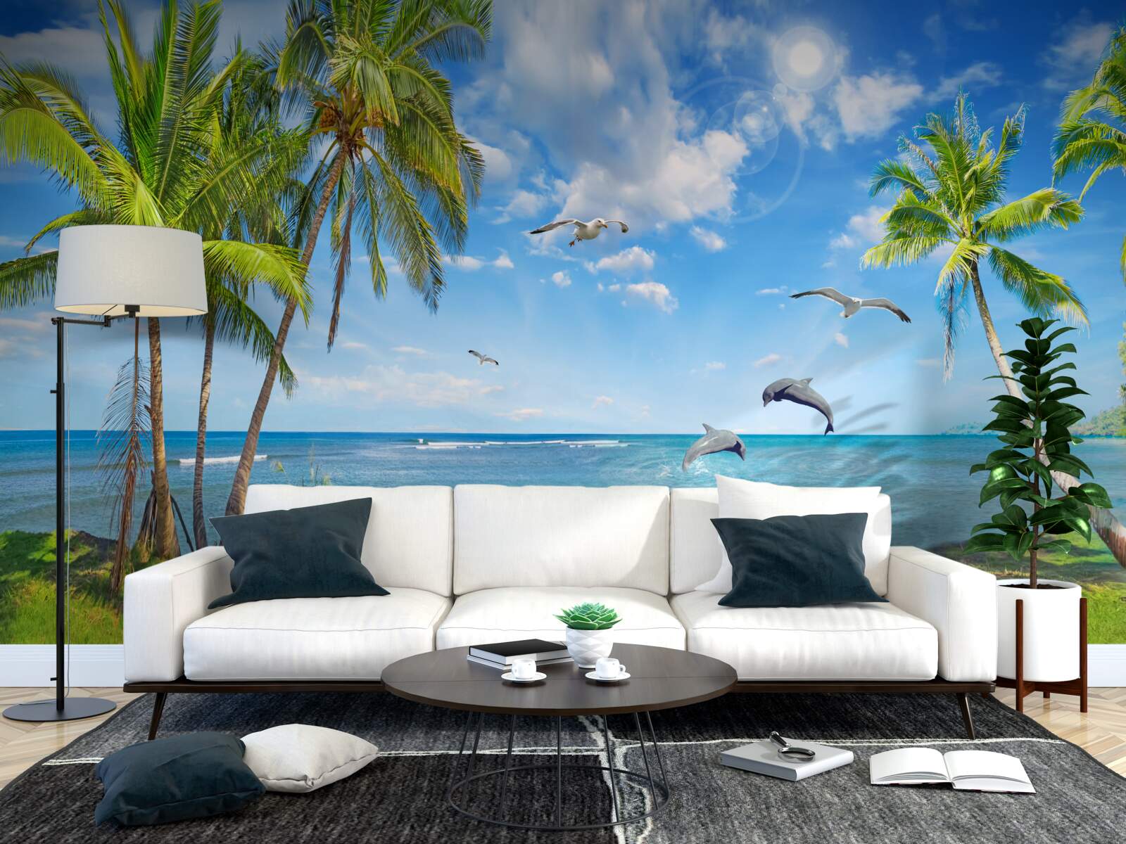 Papier peint dauphins sur un paysage marin