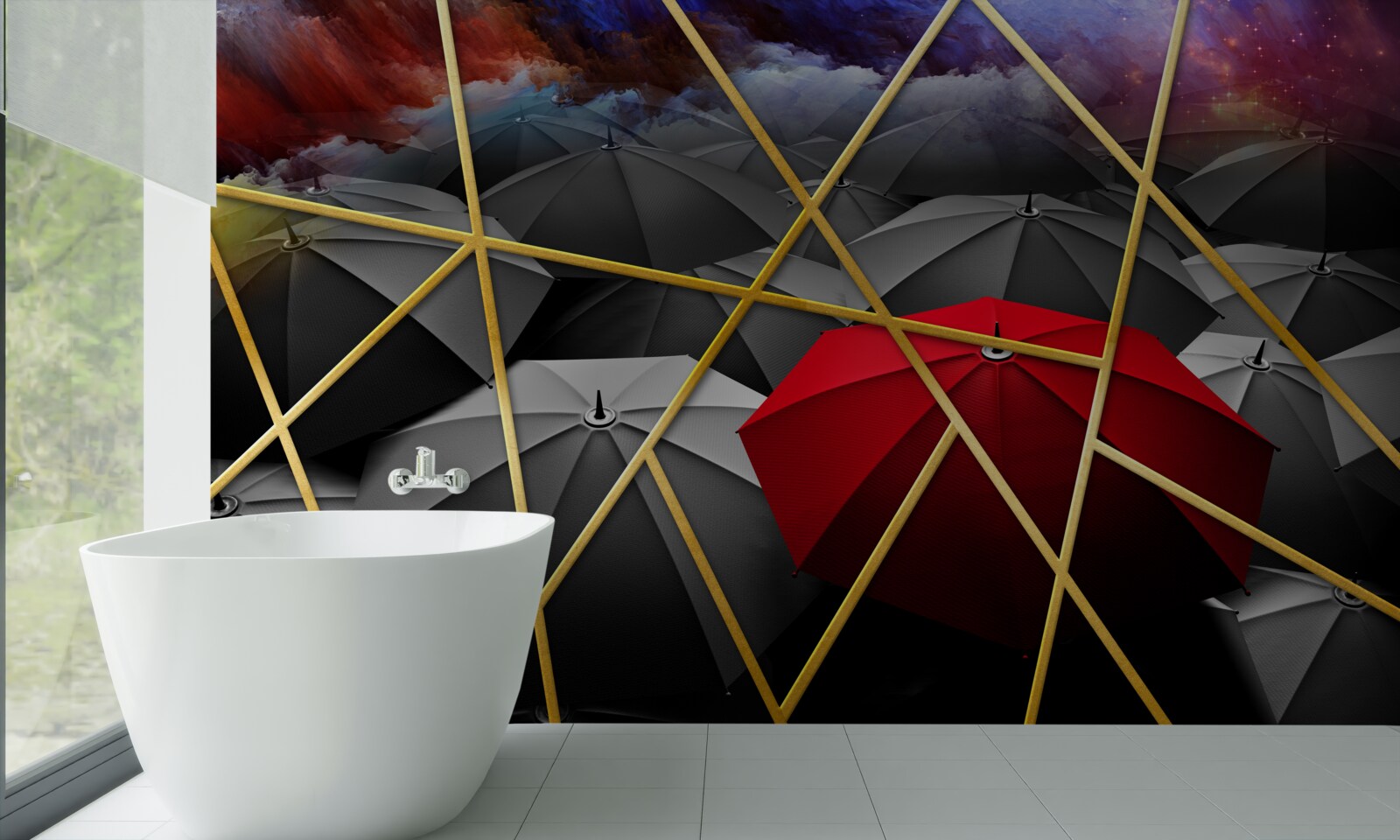 Papier peint filet doré sur fond gris accentué par un parapluie rouge