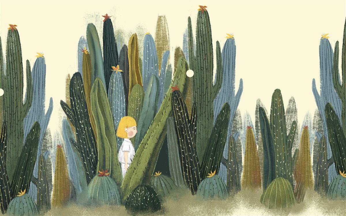 Papier peint fille aux cheveux roux parmi les cactus