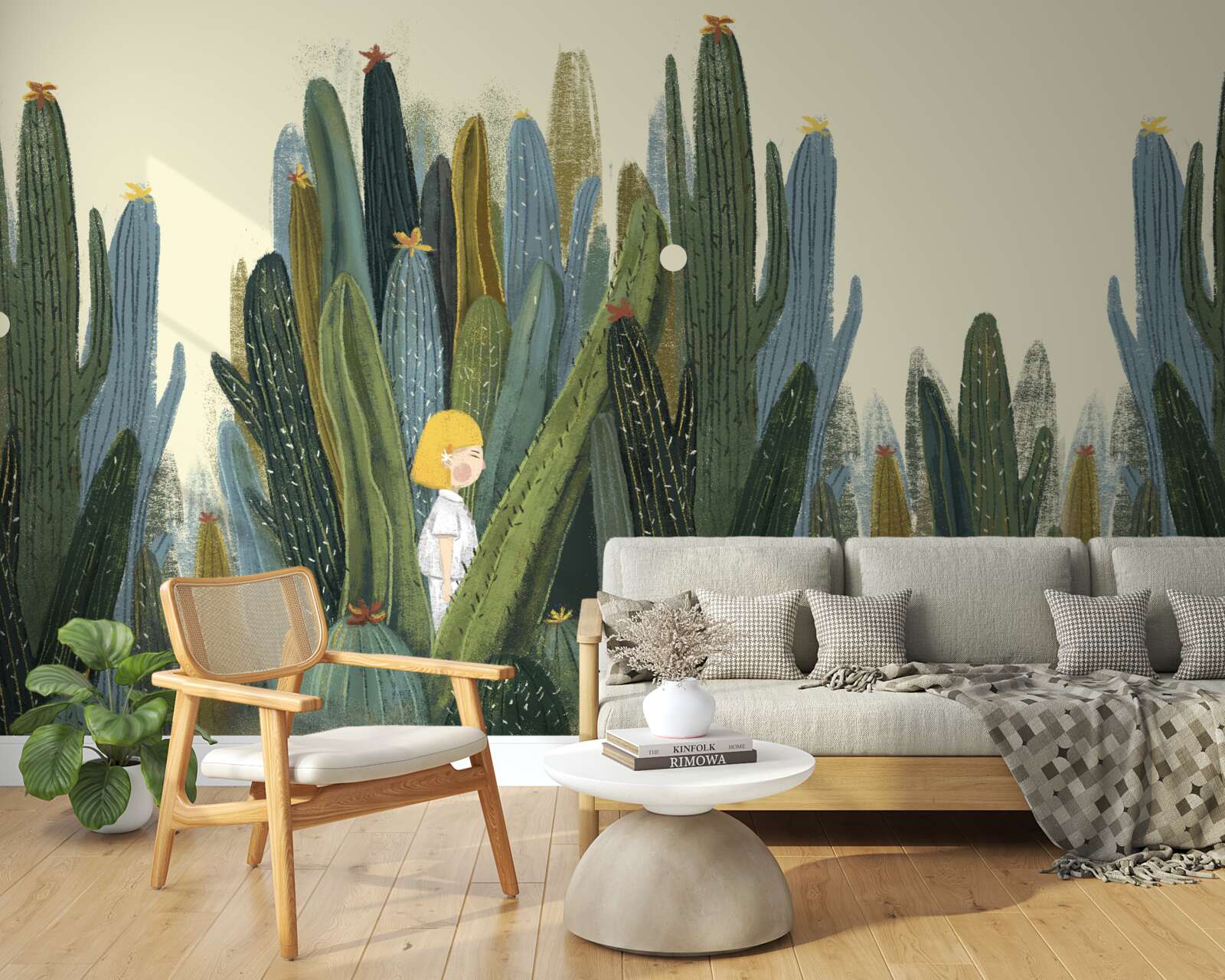 Papier peint fille aux cheveux roux parmi les cactus