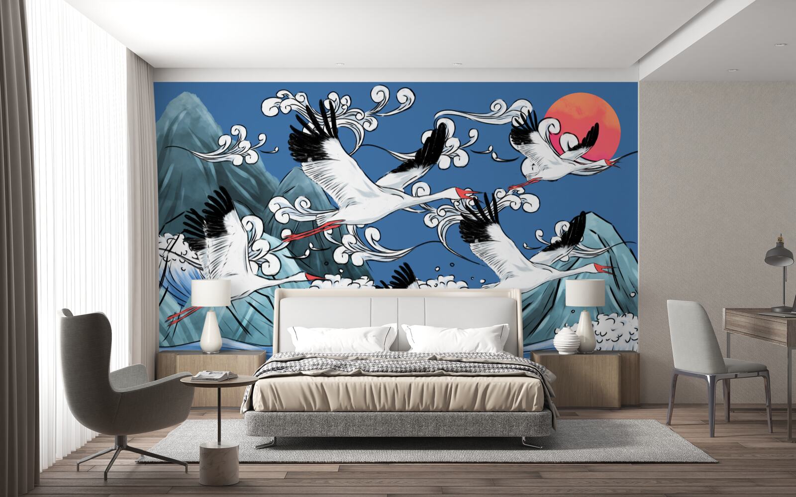 Papier peint cigognes tête vers la mer coucher de soleil