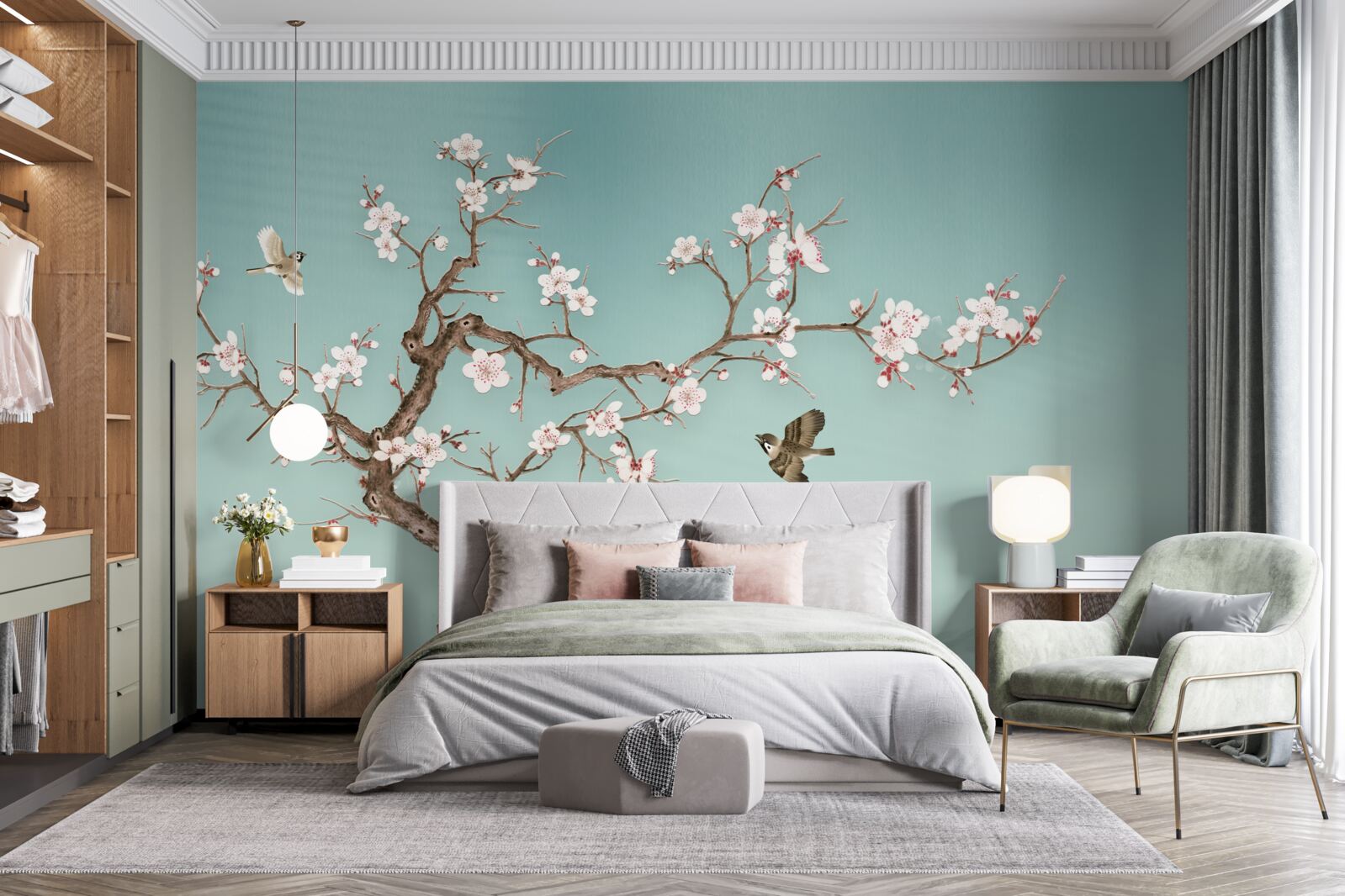 Papier peint les arbres à fleurs blanches sont devenus la cible des vols d'oiseaux