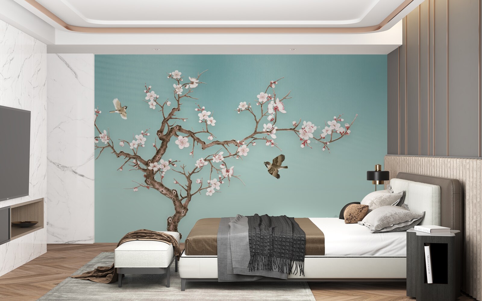 Papier peint les arbres à fleurs blanches sont devenus la cible des vols d'oiseaux