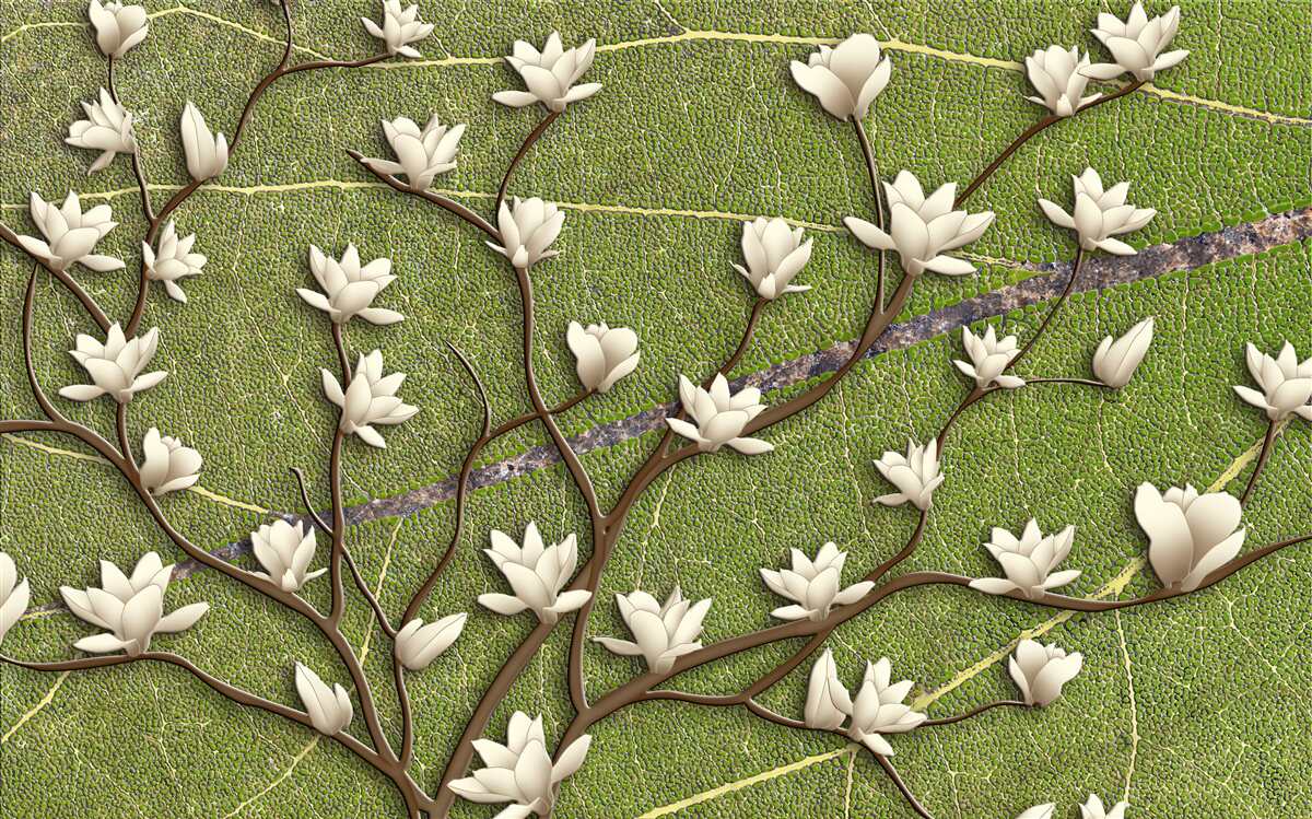 Papier peint Branches de magnolia blanches comme neige sur fond vert