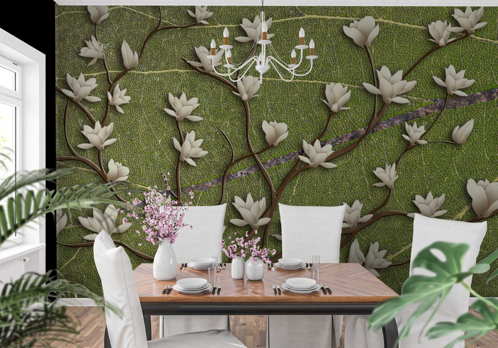Papier peint Branches de magnolia blanches comme neige sur fond vert