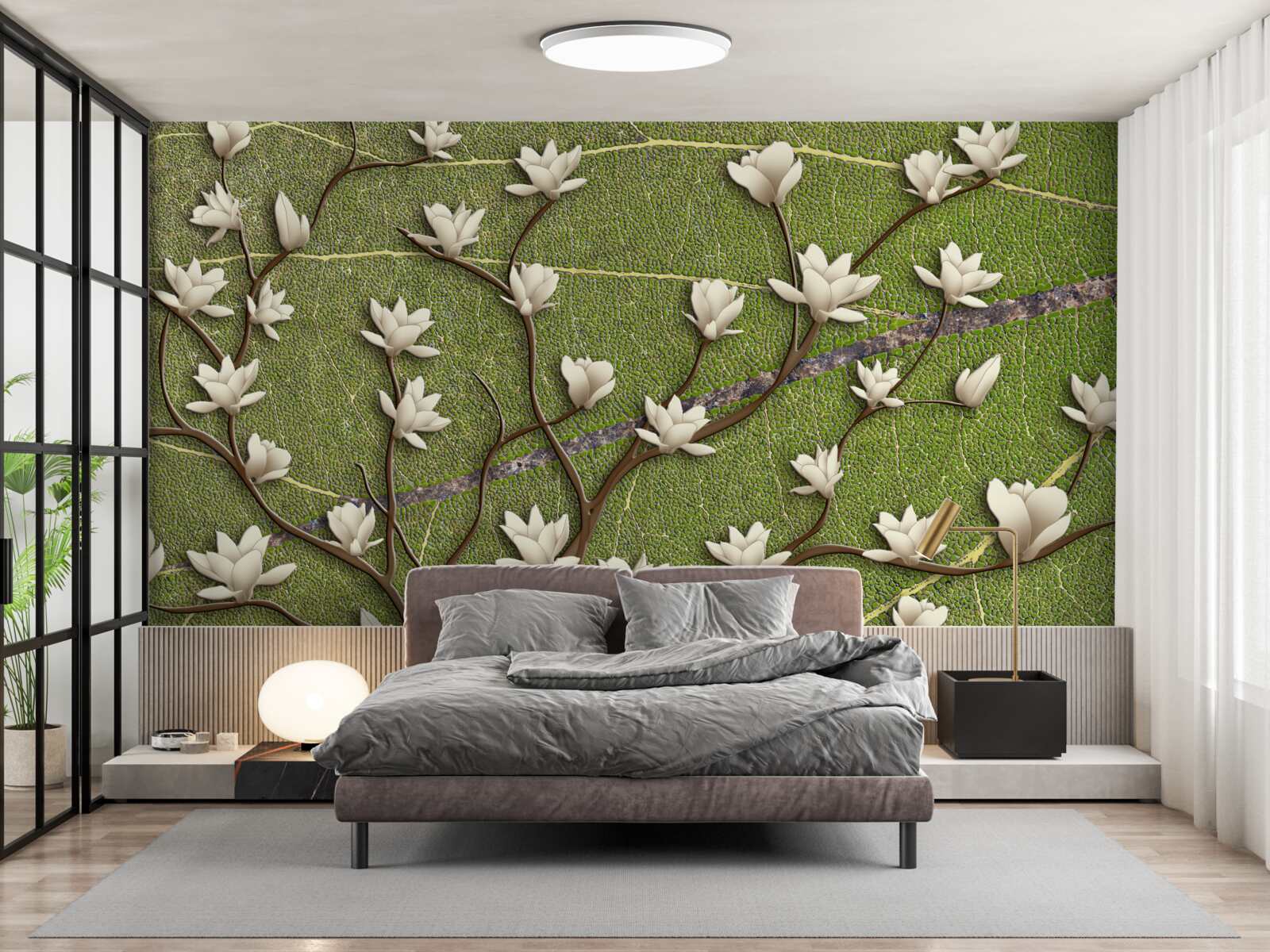 Papier peint Branches de magnolia blanches comme neige sur fond vert