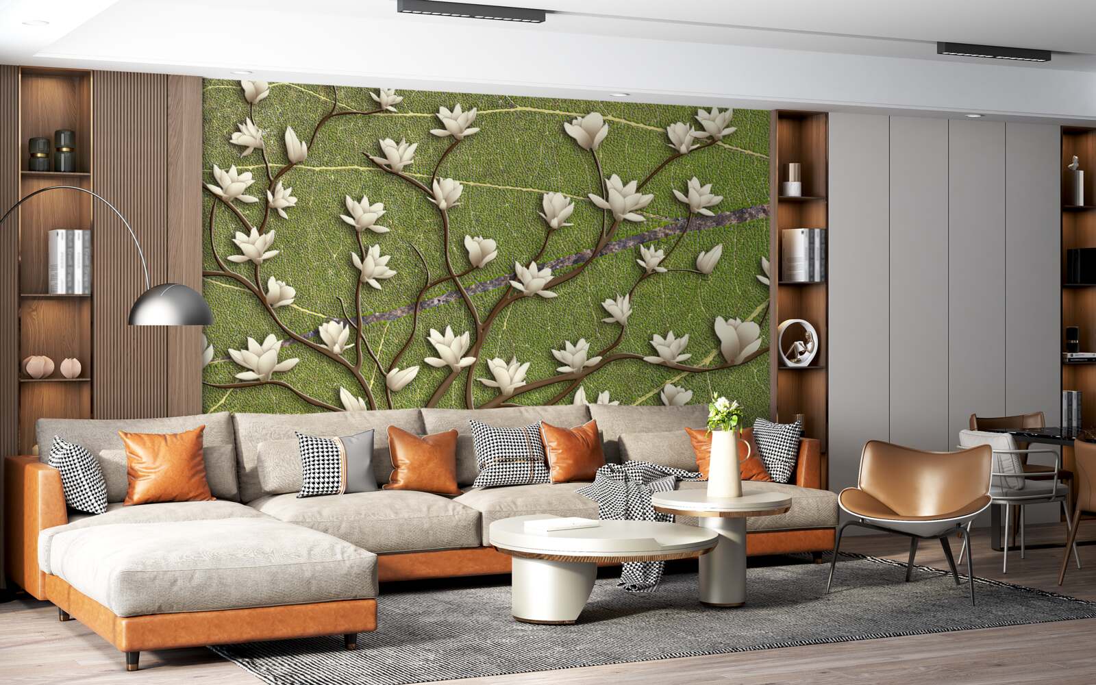 Papier peint Branches de magnolia blanches comme neige sur fond vert