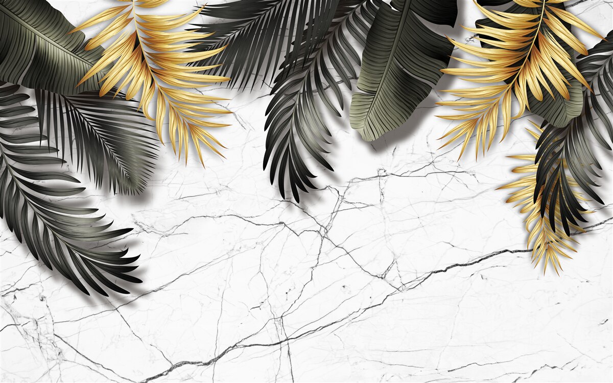 Papier peint le marbre est décoré de feuilles de palmier dorées et noires