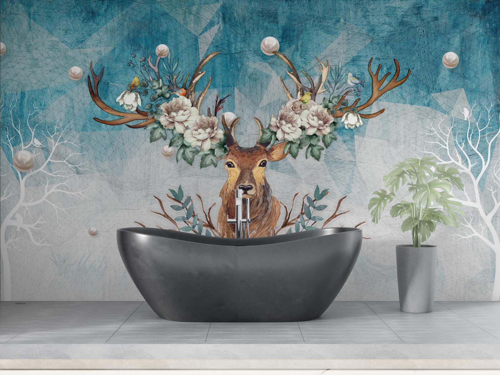 Papier peint biche d'hiver avec des fleurs décorant ses bois
