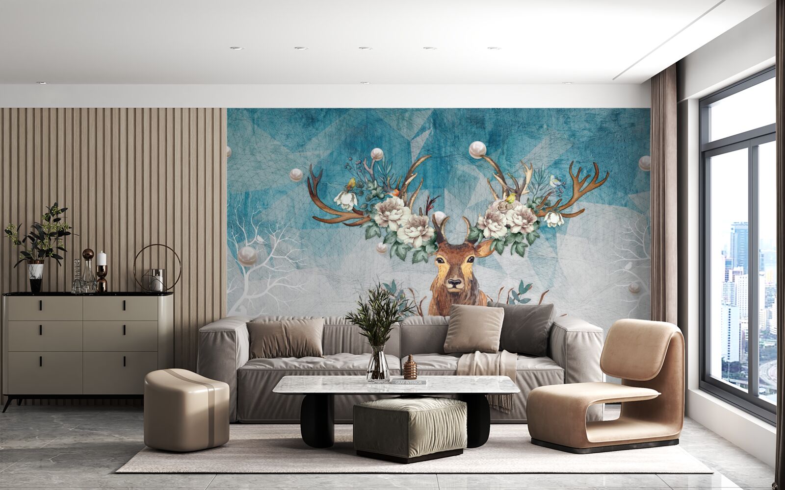 Papier peint biche d'hiver avec des fleurs décorant ses bois