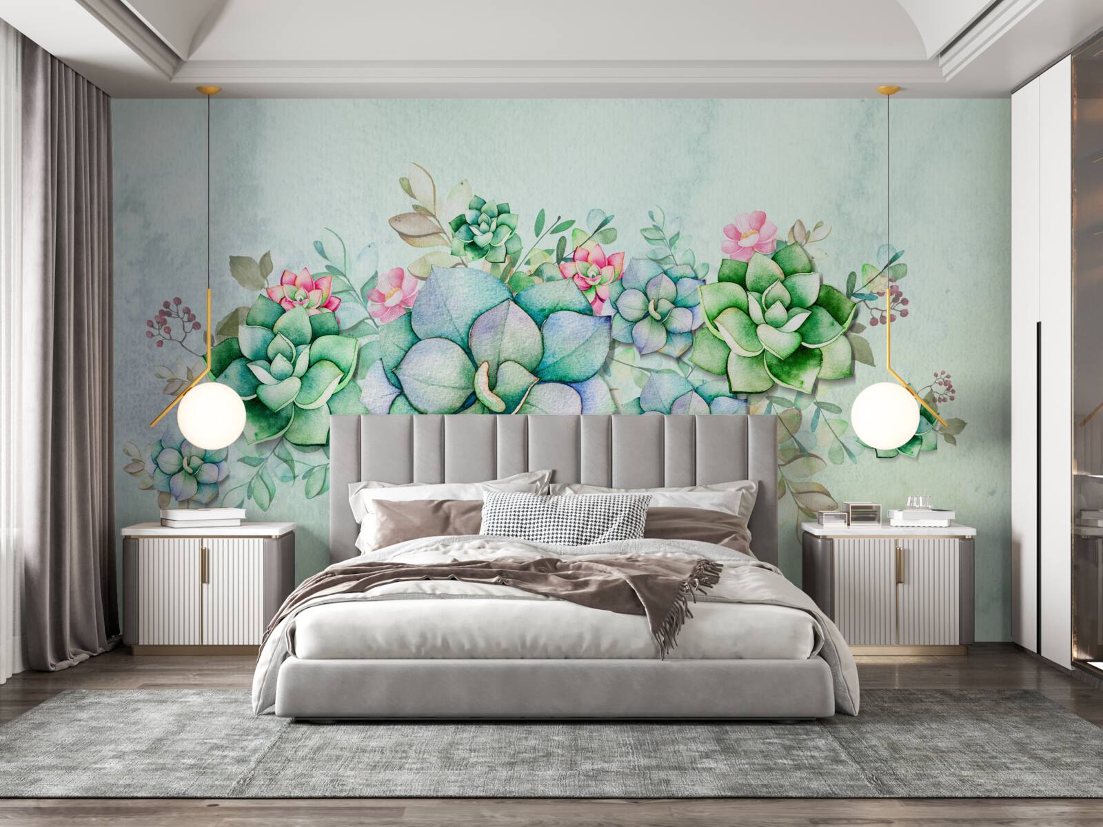 Papier peint fleurs vertes peintes à l'aquarelle