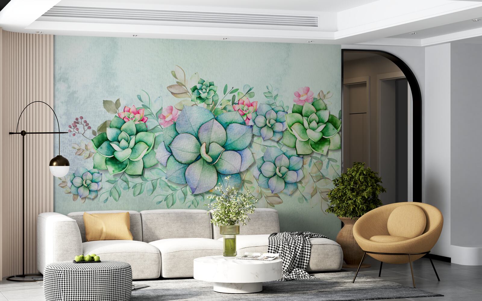 Papier peint fleurs vertes peintes à l'aquarelle