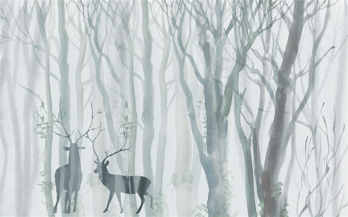 Papier peint forêt d'hiver, brumeuse, peuplée de cerfs