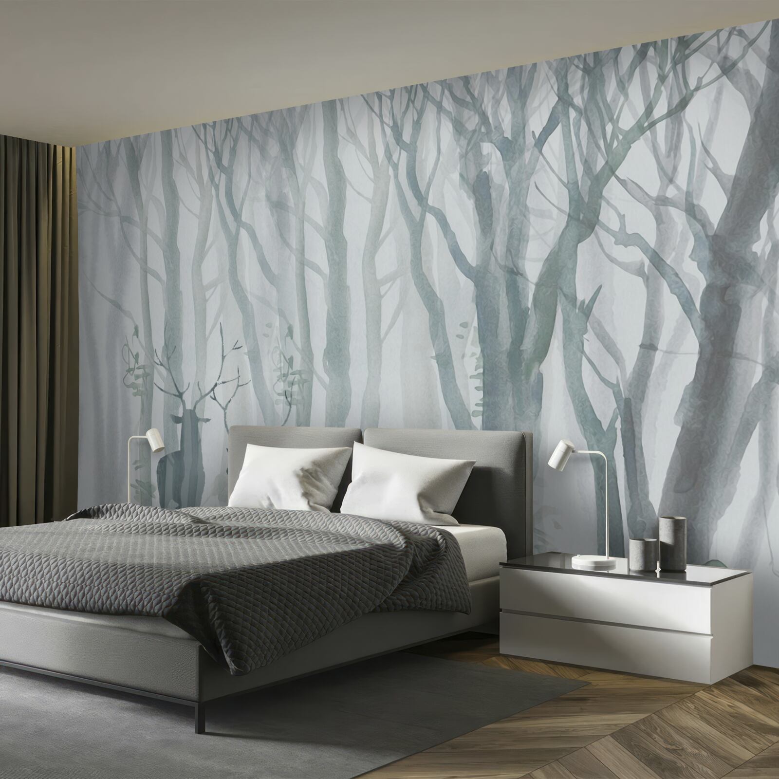 Papier peint forêt d'hiver, brumeuse, peuplée de cerfs