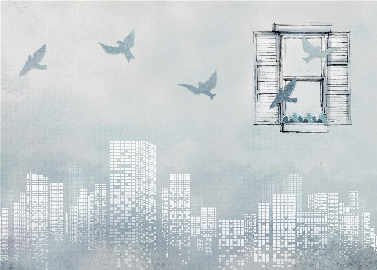 Papier peint oiseaux survolant une grande ville
