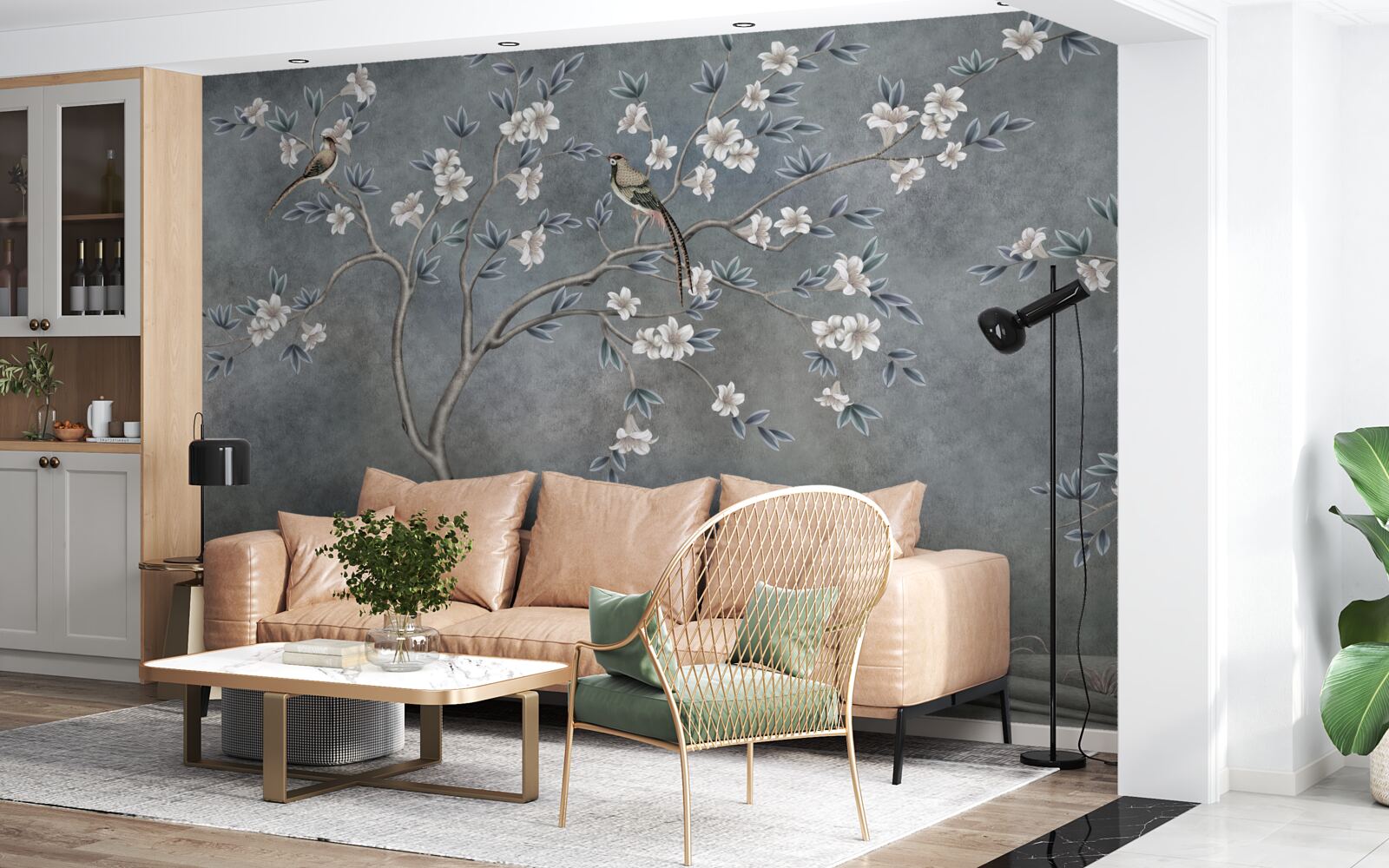 Papier peint les arbres à fleurs blanches sont décorés d'oiseaux