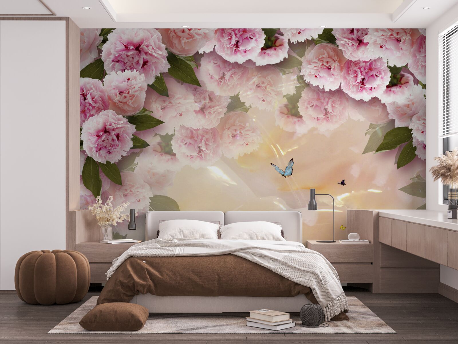 Papier peint papillons délicats et fleurs roses