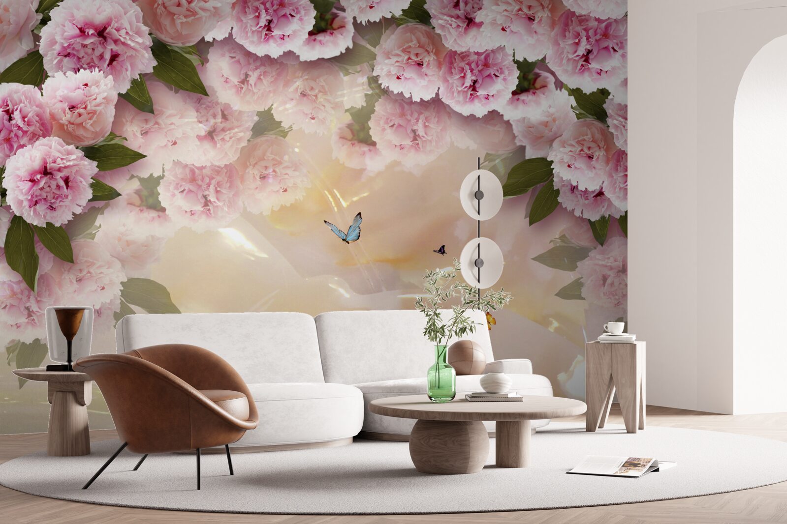 Papier peint papillons délicats et fleurs roses