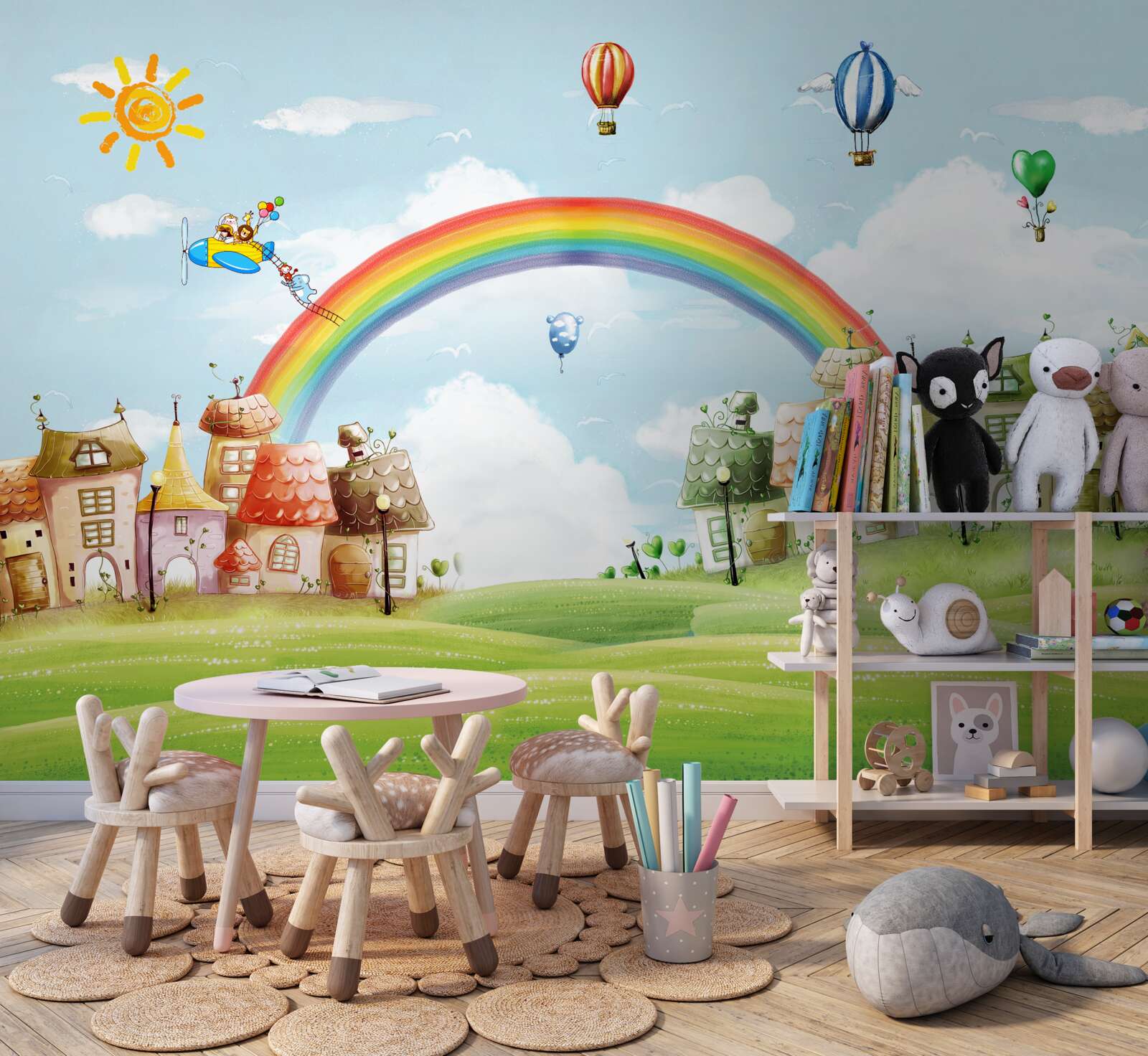 Papier peint la ville colorée est décorée d'arcs-en-ciel