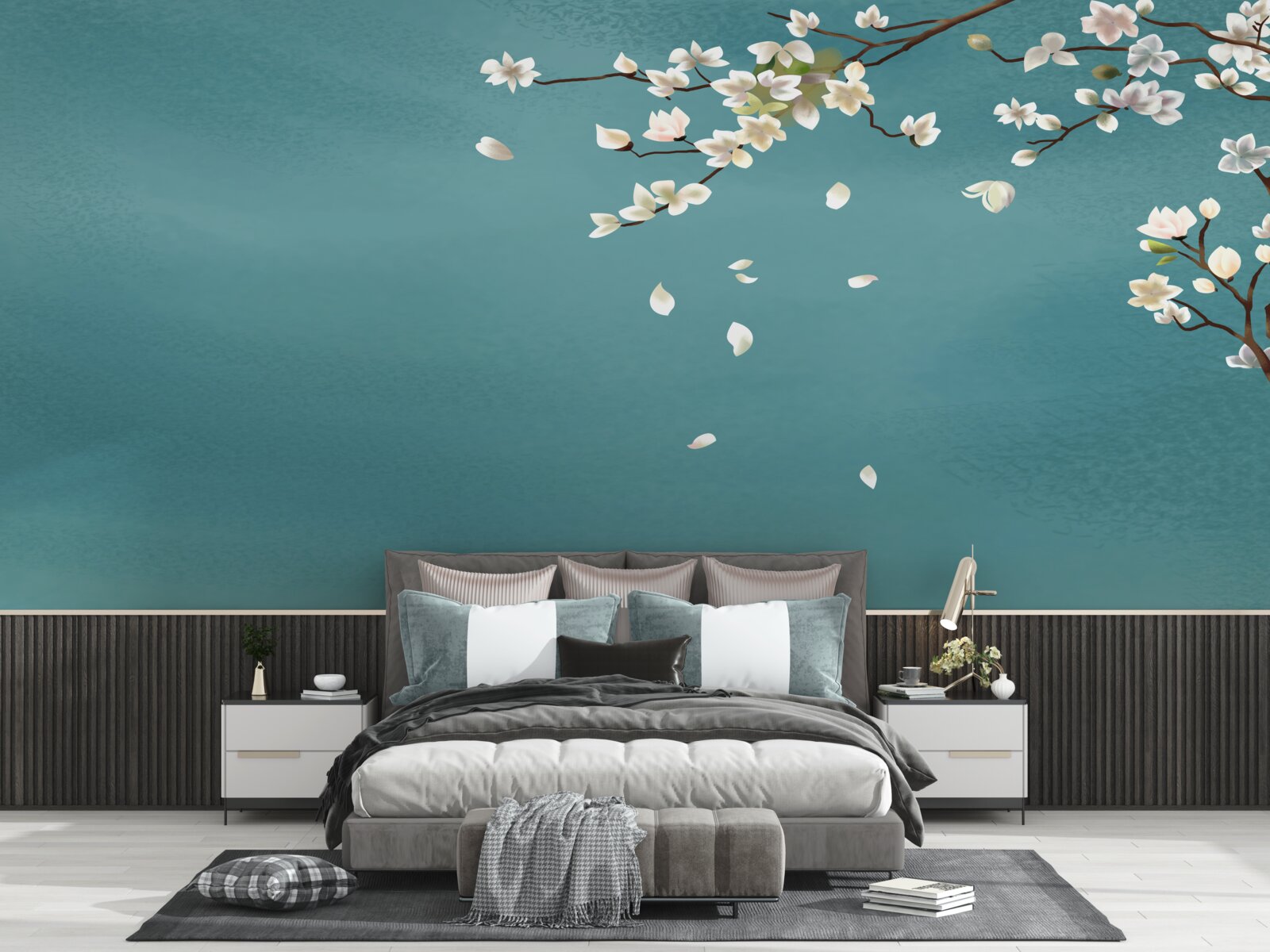 Papier peint fond turquoise décoré d'un arbre en fleurs