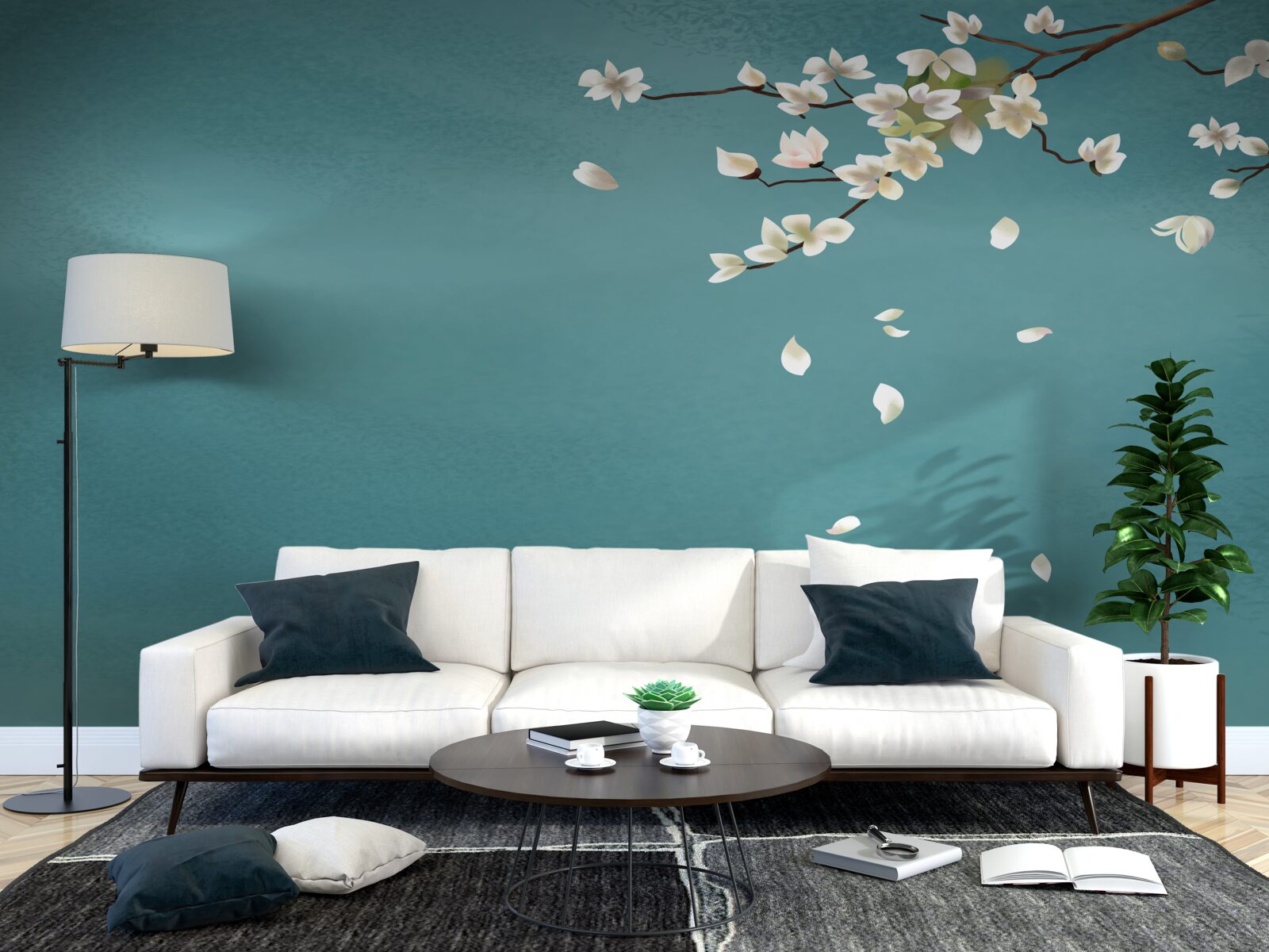 Papier peint fond turquoise décoré d'un arbre en fleurs