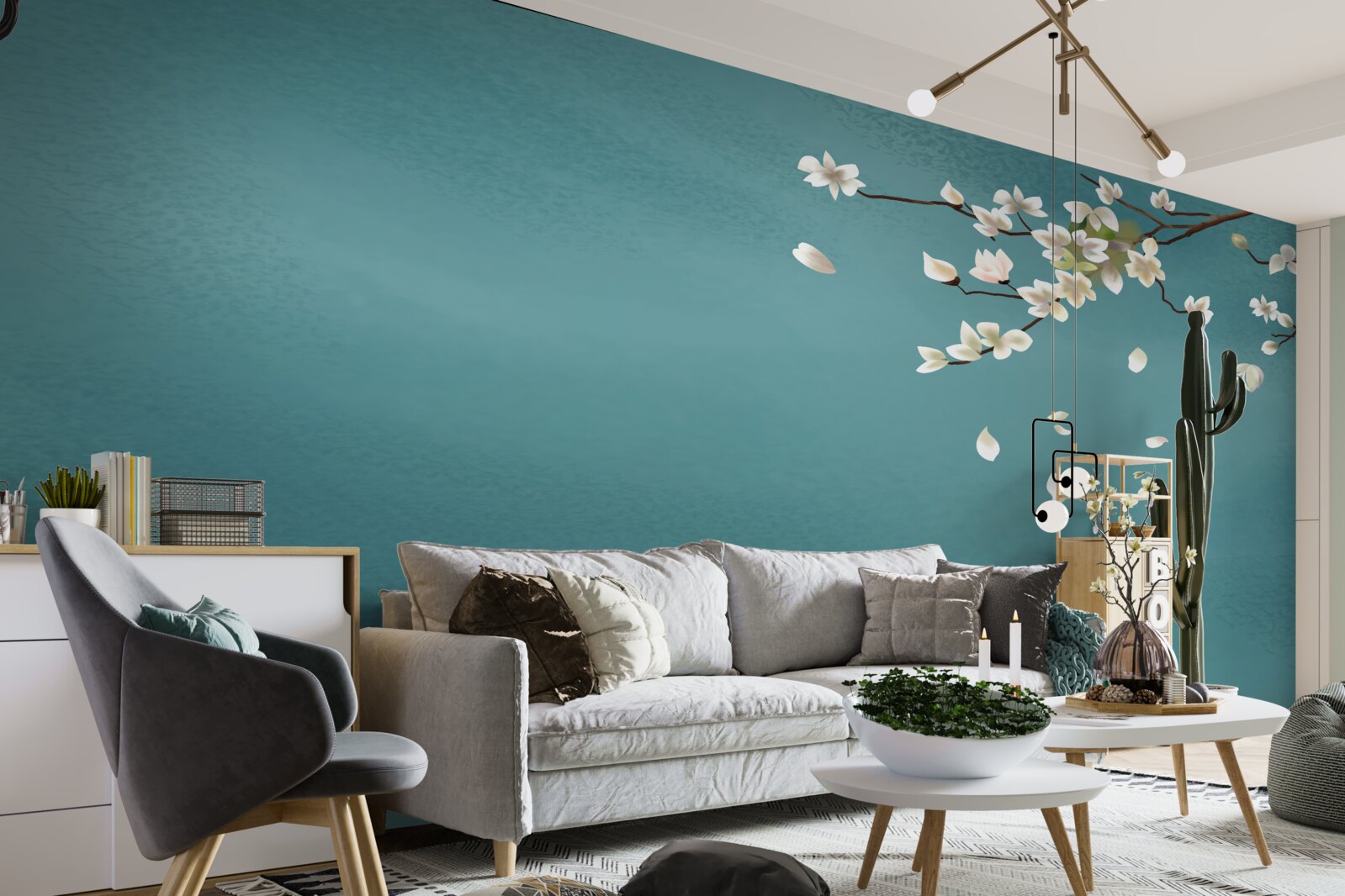 Papier peint fond turquoise décoré d'un arbre en fleurs