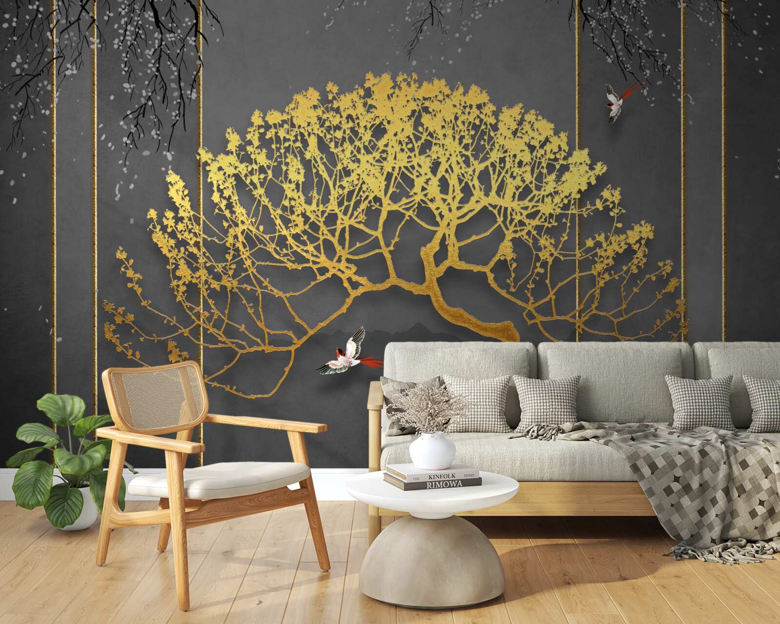 Papier peint silhouette d'un bonsaï brillant d'or
