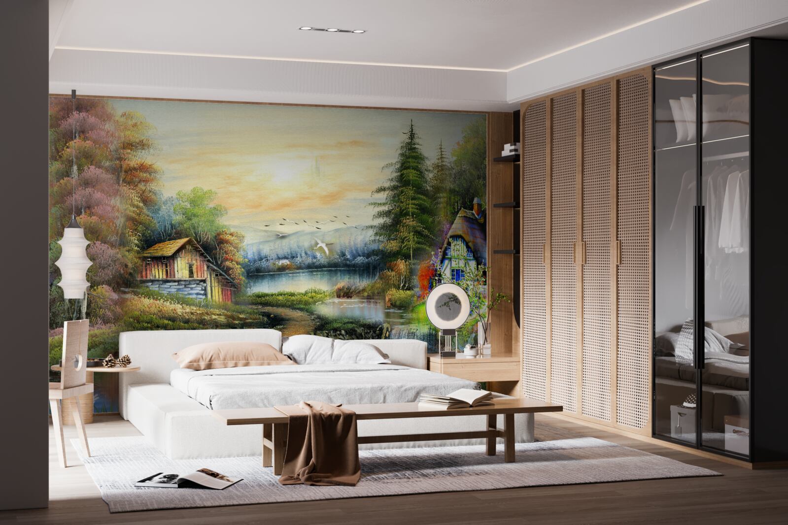 Papier peint maison magique au bord d'un lac, entourée d'une forêt